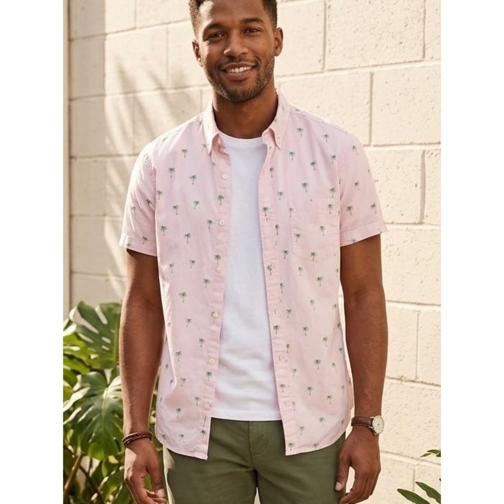 J.Crew Flex Washed Pink Palm Tree Embroidered Short Sleeve Button Down Shirt S